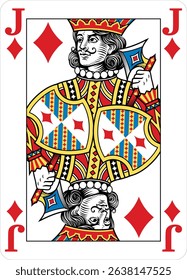 Jack of Diamonds design from a new original deck of playing cards. Four pip left handed version with identifier in all four corners.
