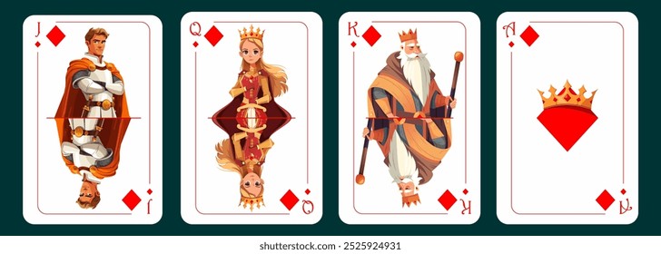 Valete de ouros, Dama de ouros, Rei de ouros, Ás de ouros. Design de cartas de jogar. Ilustração vetorial