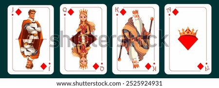 Jack of diamonds, queen of diamonds, king of diamonds, ace of diamonds. Playing cards design. Vector illustration