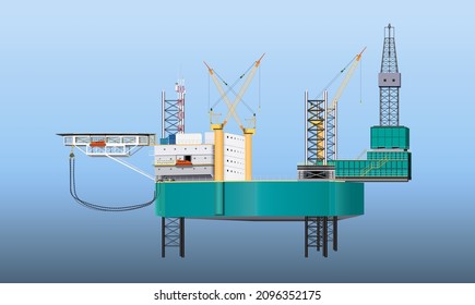Jack up drilling rig barge,heli pad,towing gear,vector design