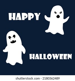 Jack face. White ghosts halloween card, white spooky scary faces with text on black background, hand drawn evil eyes and mouth, autumn holiday decor elements, doodle style decor vector set