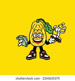 personaje de jack fruit caricatura mascota que fuma burro de alga flor nug cannabis y dinero
