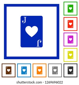 Jack of hearts card flat color icons in square frames on white background