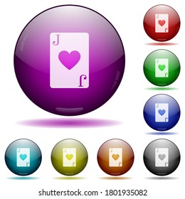 Jack of hearts card icons in color glass sphere buttons with shadows