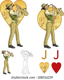 Jack of hearts mixed race musician retro styled comics card character set of illustrations with black lineart