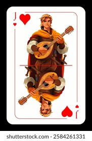 Jack of hearts, original playing card design. Playing card Jack of Hearts with a picture of a young man dressed as a medieval minstrel playing the lute. Vector illustration