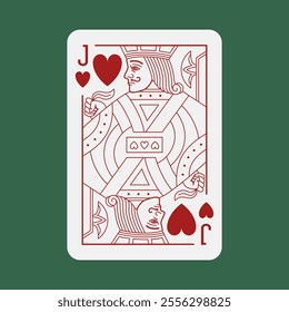 Jack of Hearts Poker playing card. Cartoon men figure and face. Casino gambling design element. Vector illustration with editable stroke line. Single card isolated on poker green background.