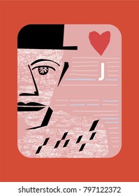 jack of hearts. Stylized Vector Vintage style playing card . painted card with young man with black hat