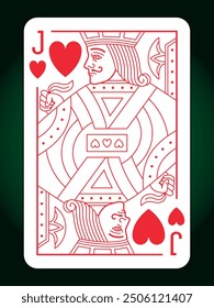 Jack Hearts suit playing card, vintage classic design, isolated on white, editable vector stroke line.