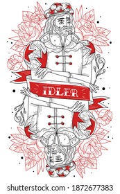 Jack idler. Young man with cigarette mouthpiece, symmetrical image with dividing tape, engraving style, old school hipster tattoo. Vector