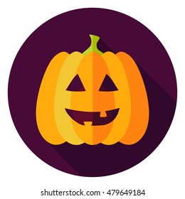 Jack Lantern Circle Icon. Flat Design Vector Illustration with Long Shadow. Happy Halloween Symbol.