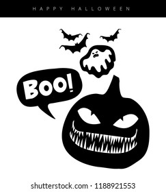 Halloween’s Jack lantern with a lettering Boo in a bubble, bats and ghost