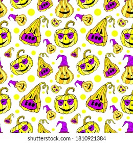 Jack lantern in mask and wizard hat seamless pattern. Vector illustration for card, wallpaper, fabric design and fall decoration. Halloween yellow pumpkins isolated on white background.
