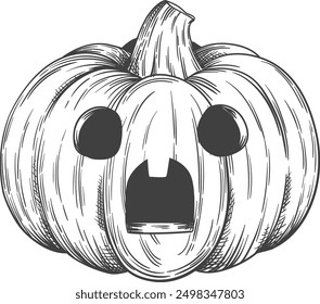 Jack lantern sketch. Halloween pumpkin with spooky face isolated on white background