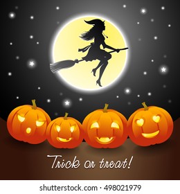 Jack the Lantern a symbol of Halloween. Vector illustration of a funny smiley Pumpkins, candles and a young witch flying on broom in the night sky. Vector clip art for Party. 