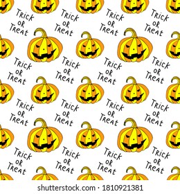 Jack lantern and trick or treat lettering seamless pattern. Vector illustration for card, wallpaper, fabric design and fall decoration. Halloween yellow pumpkins isolated on white background.
