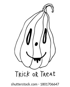 Jack lantern vector illustration for card design and fall decoration. Halloween card with black outline pumpkin isolated on white background. Funny doodles. Treat or trick saying.