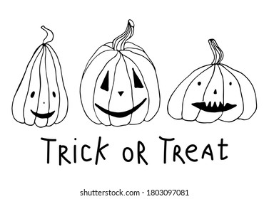Jack lantern vector illustration for card design and fall decoration. Halloween card with black outline pumpkins set isolated on white background. Funny doodles.