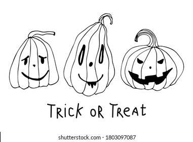 Jack lantern vector illustration for card design and fall decoration. Halloween card with black outline pumpkins and bat wings isolated on white background. Treat or trick saying.