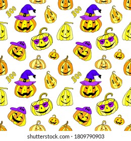 Jack lantern in wizard hat seamless pattern. Vector illustration for card, wallpaper, fabric design and fall decoration. Halloween yellow pumpkins isolated on white background. Funny doodle art.