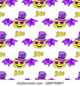 Jack lantern in wizard hat and wings seamless pattern. Vector illustration for card, wallpaper, fabric design and fall decoration. Halloween yellow pumpkins with glasses isolated on white background.