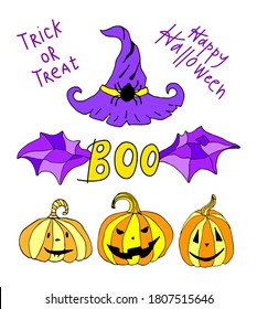 Jack lanterns vector illustration for card design and fall decoration. Halloween clipart with bat wings, pumpkins, lettering, wizard hat isolated on white background. Funny doodle art.