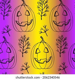 Jack light seamless pattern. Pumpkins on yellow and purple Halloween background.