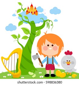 Jack and the magic beanstalk, golden harp and a magic chicken. Vector illustration