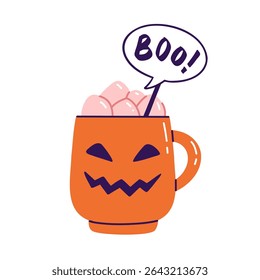 Jack O’Lantern mug with marshmallow and Boo speech bubble. Flat vector illustration isolated on a white background. Halloween drink for sticker, print, or scrapbooking. 