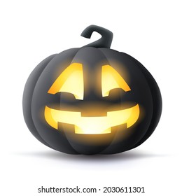 Jack O Lantern. 3D illustration of Halloween black dark pumpkin with glowing funny face expression. Isolated.