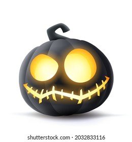 Jack O Lantern. 3D-Illustration von Halloween schwarzen dunklen Kürbis mit leuchtendem lustigen Gesichtsausdruck. Einzeln.