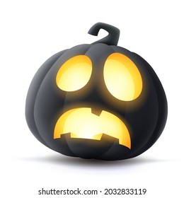 Jack O Lantern. 3D illustration of Halloween black dark pumpkin with glowing funny face expression. Isolated.