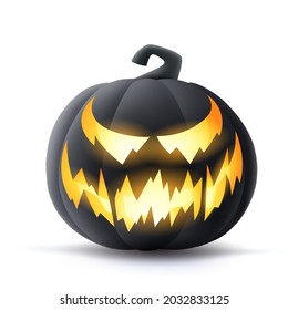 Jack O Lantern. 3D illustration of Halloween black dark pumpkin with glowing funny face expression. Isolated.