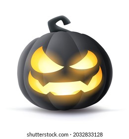 Jack O Lantern. 3D illustration of Halloween black dark pumpkin with glowing funny face expression. Isolated.