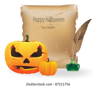 Jack o Lantern ancient parchment, feather and inkwell on a white background