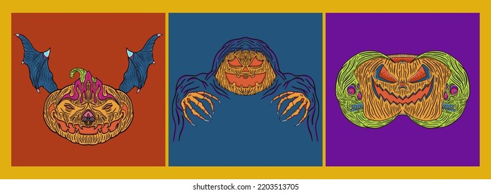 Jack O Lantern artwork bundle for Halloween lovers. retro color that gives a vintage impression. suitable for t-shirts, posters, pins, and posts on social media