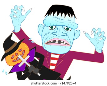 Jack o 'Lantern attacked by Frankenstein on the day of Halloween.