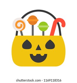 jack o lantern basket, trick or treat with candy in flat design icon