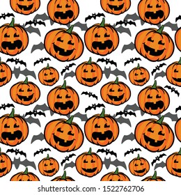 Jack O Lantern and bat Silhouette Background. Halloween Pumpkin Wallpaper - vector illustration. funny, scary, seamless pattern for kids