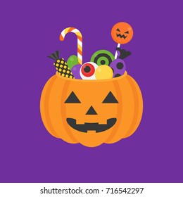 Jack o lantern bowl of halloween for trick or treat icon and candy, lollipop in flat design