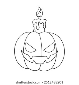 Jack O Lantern Candle Light Line Art, Cute Creepy Spooky Halloween Pumpkin Doodle, Easy Coloring Book Page for Kids