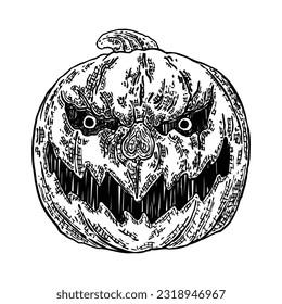 Jack o lantern or candle lights hand drawing sketch. Halloween night symbol and traditional autumn holiday decoration. Halloween pumpkin scary smile and eyes for party celebration. Vector.