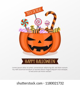 Jack O Lantern Candy Bucket on white background. Happy Halloween invitation card party design template. Halloween banner create by vector.