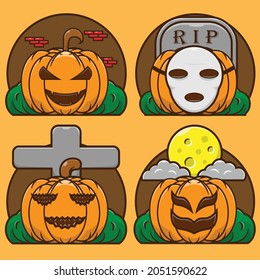 Jack o lantern cartoon illustration set. Halloween pumpkin scary character pack icon. Cute halloween bundle designs for little kids.