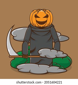 Jack O Lantern cartoon illustration. The Jack o lantern icon carries a sickle or scyte. Cute halloween design for little kids