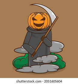 Jack O Lantern cartoon illustration. The Jack o lantern icon carries a sickle or scyte. Cute halloween design for little kids