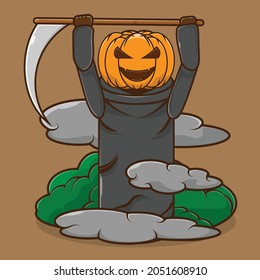 Jack O Lantern cartoon illustration. The Jack o lantern icon carries a sickle or scyte. Cute halloween character design for little kids