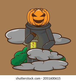 Jack o lantern character mascot logo. Creepy halloween character cartoon design. Isolated background