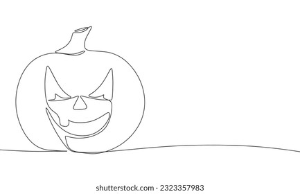 Jack O Lantern in continuous line art drawing style. Silhouette of Halloween pumpkin. Black linear sketch isolated on white background. Vector illustration