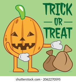 Jack o lantern lindo vector de dibujos animados con truco o tratamiento con tagline